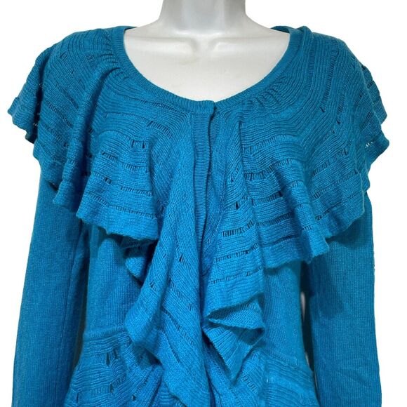 Anthropologie Leifnotes Womens S Ridged Cardigan Sweater Blue Long Sleeve Ruffle - Picture 3 of 7
